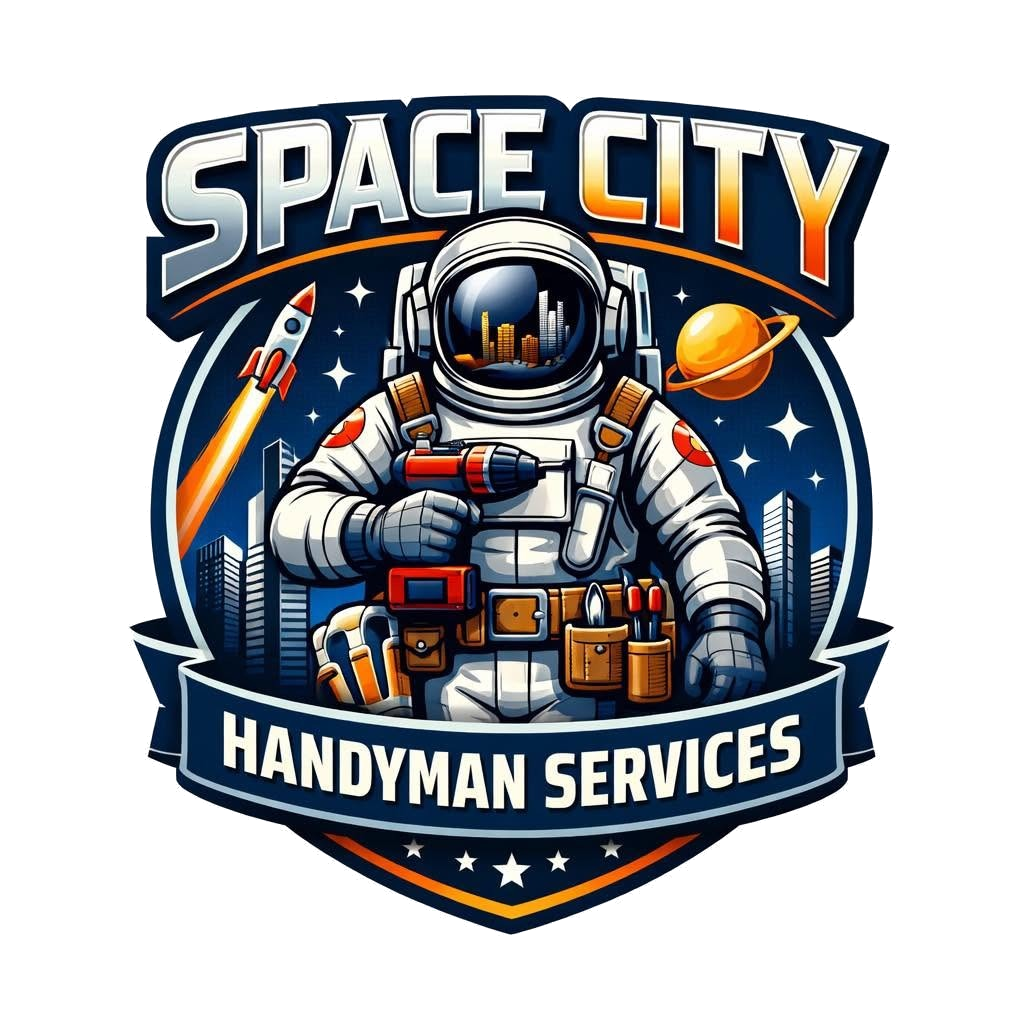 Space City Handyman Services astronaut mascot with tool belt and drill